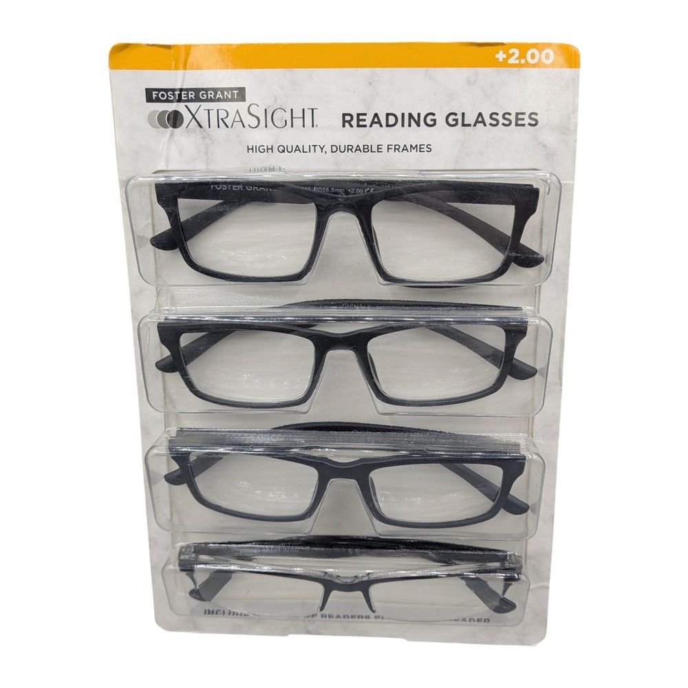 Foster Grant XtraSight Reading Glasses 4 Pack Black Rectangular Frames +2.00